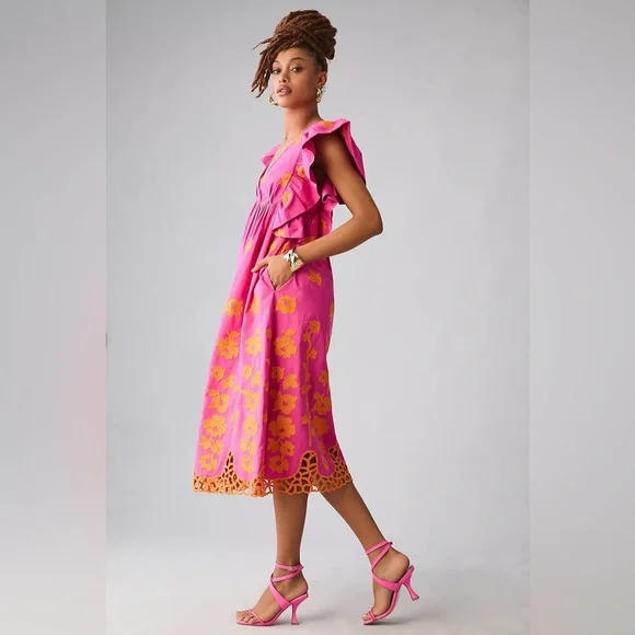 Anthropologie Vibrant Pink and Orange Midi Dress - Picture 6 of 12